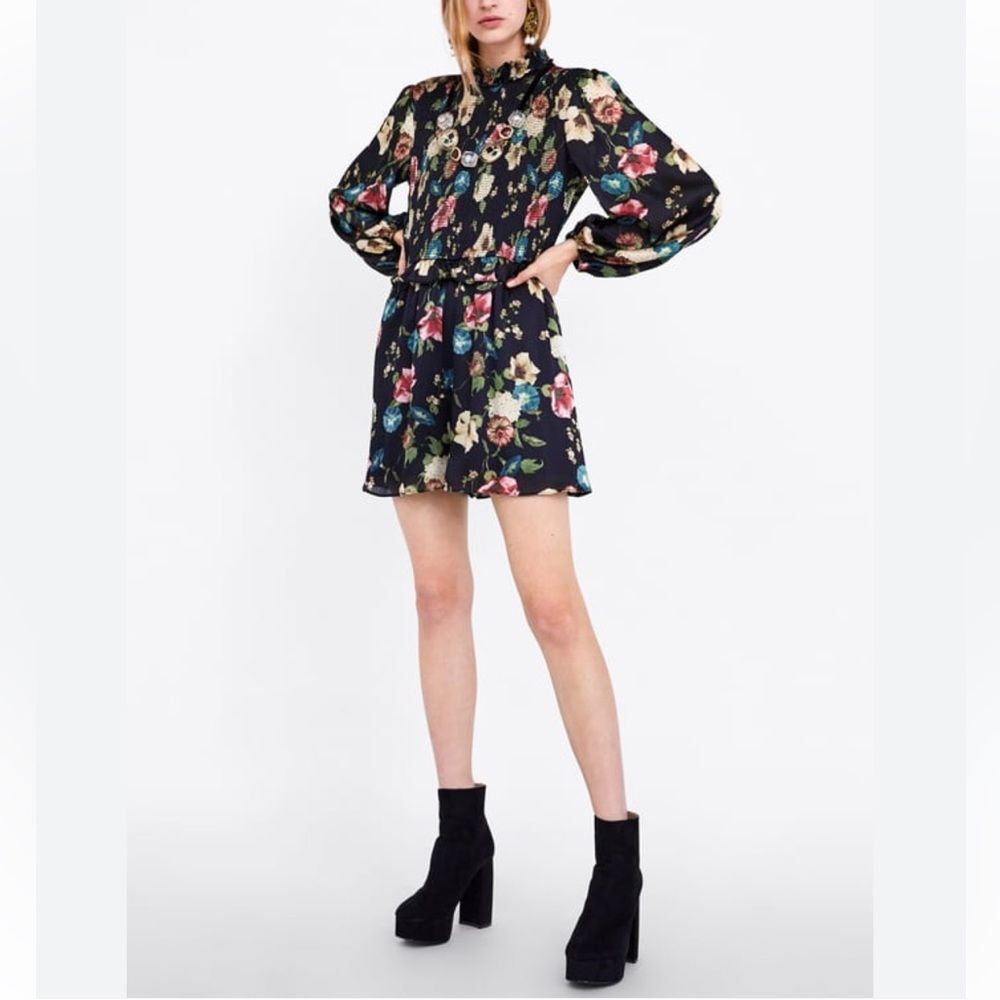 New ZARA floral high neck long elastic sleeve smocked top romper keyhole MEDIUM